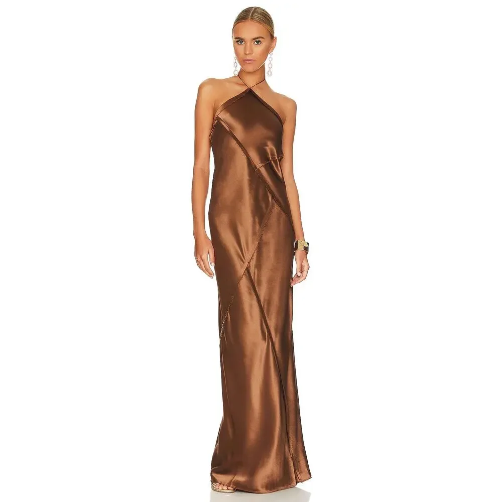 Retrofete Sylvia Dress Maxi Halter Satin Patchwork Raw Edge Formal Party Prom XL - Picture 2 of 15